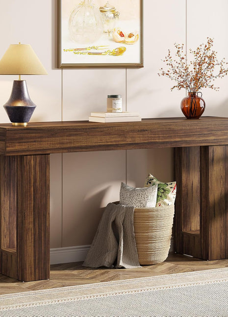 63-Inch Rectangular MDF Wood Grain Console Table for Living Room, Entryway, and Hallway in Rustic Brown Finish