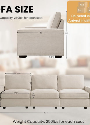 100-Inch Modular Sofa with Storage Seats, Comfortable 3-Seater Chenille Fabric Couch for Living Room, Office, Apartment with Deep Seating, Wide Arms, Side Pockets, USB Ports, and Removable Upholstered Covers in Beige