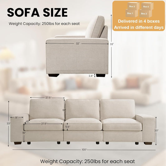 100" Modular Sofa with Seats Storage, Comfy 3-Seater Chenille Fabric Couch for Living Room, Office, Apart W/Deep Seat, Wide Arms, Side Pockets, USB, Upholstered Couch W/Removable Cover