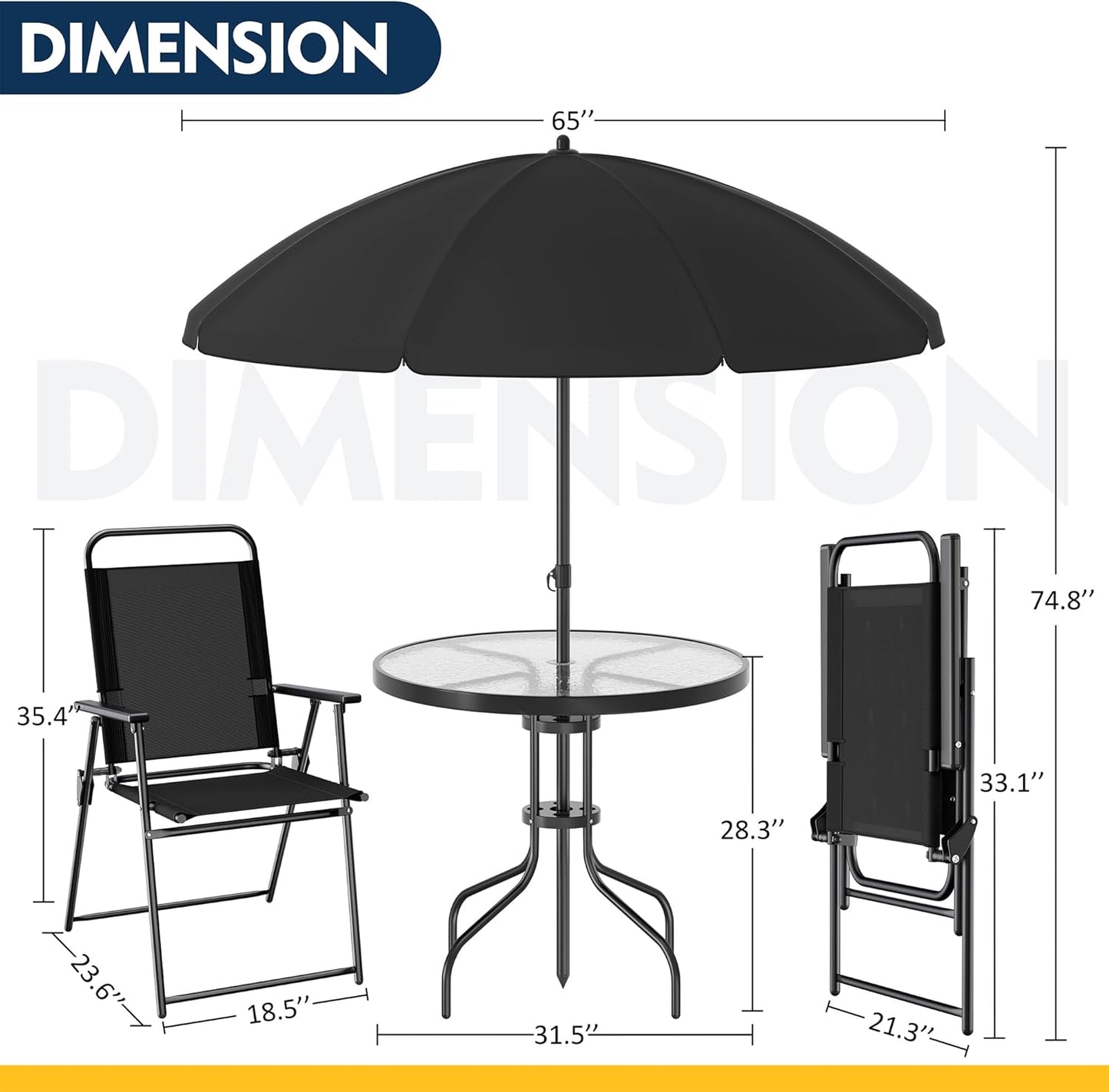 6 Piece Patio Dining Set with Umbrella, Outdoor Furniture Set with 4 Folding Chairs and Tempered Glass Top Dining Table Fot Lawn Backyard Garden Porch Black