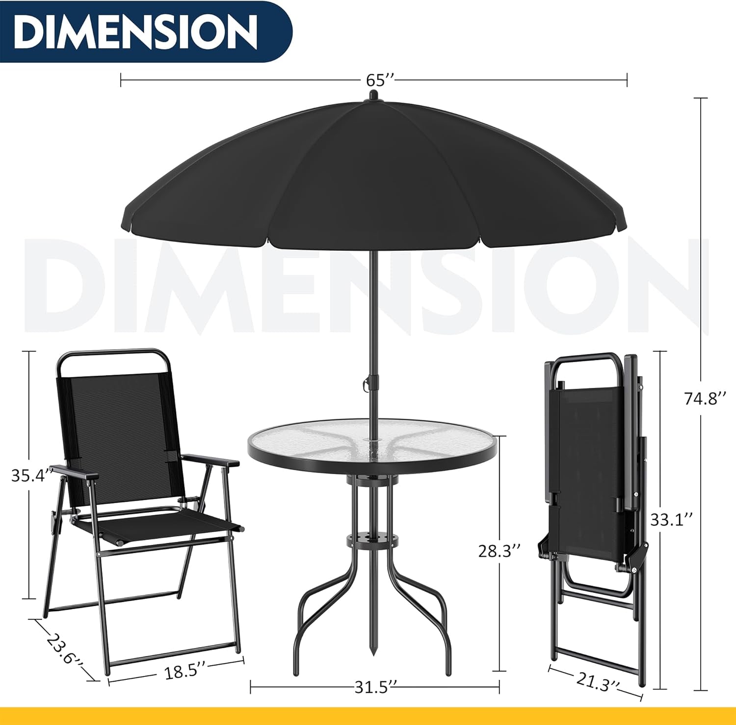 6 Piece Patio Dining Set with Umbrella, Outdoor Furniture Set with 4 Folding Chairs and Tempered Glass Top Dining Table Fot Lawn Backyard Garden Porch Black