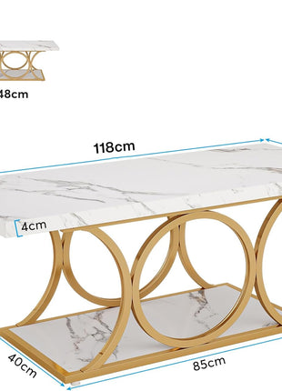 46.45” Contemporary Rectangle Coffee Table with Faux Marble Surface and Geometric Legs, Two-Tier Design Featuring Storage Shelf (White & Gold)