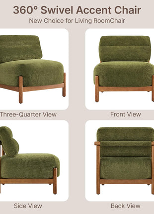 Mid-Century Modern Upholstered Armless Lounge Chair with Wooden Frame and Plush Moss Green Seat for Living Room and Bedroom