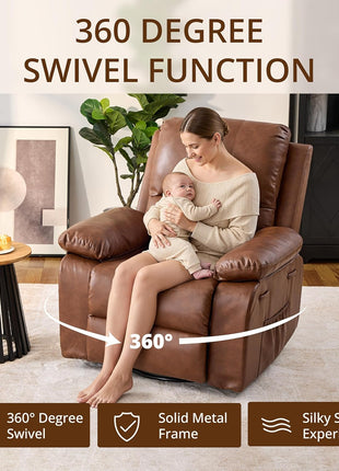 360° Swivel Rocking Leather Recliner Chair for Adults - Overstuffed Manual Recliner with Spring Cushion, Nursery Glider Sofa with Side Pockets in Camel