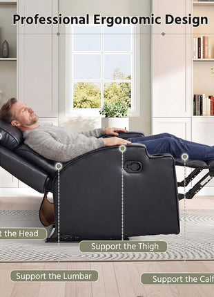 Premium PU Leather Manual Recliner Chair for Adults with Cup Holders and Padded Backrest, Overstuffed Heavy Duty Reclining Sofa for Living Room and Bedroom, Black
