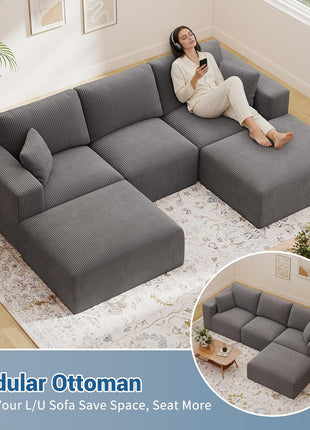 40-Inch Oversized Square Corduroy Ottoman Pouf - Foam-Filled Plush Footrest for Living Room and Bedroom, Grey (Single)