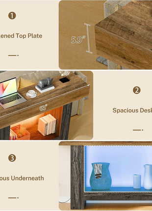 63-Inch Farmhouse Style Console Table with Integrated Charging Station and LED Lighting for Entryway, Sofa, and Hallway Use
