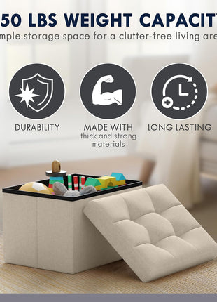 Rectangular Linen Foldable Ottoman - Compact Storage Footrest Stool for Living Room, Bedroom, Home Office, and Dorm - 12" x 16" x 12", Beige