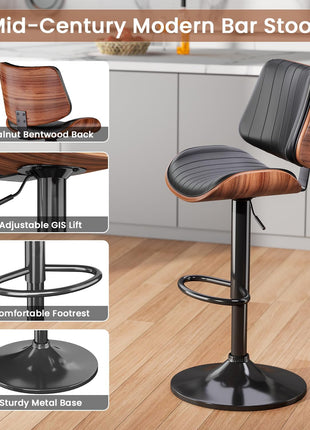 Set of 2 Adjustable Swivel Bar Stools in Mid-Century Modern Bentwood Design with PU Leather Upholstery, Backrest, and Footrest - Perfect for Kitchen Counter, Bar, or Dining Room, Black
