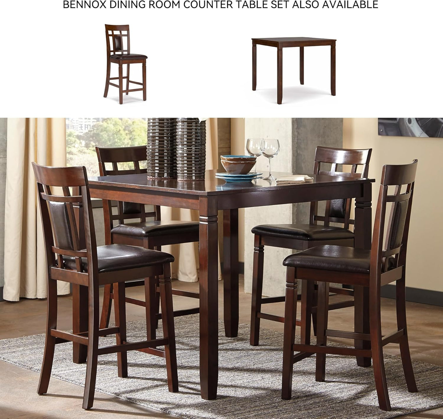 Bennox Dining Room Table and Chairs with Bench (Set of 6), Brown