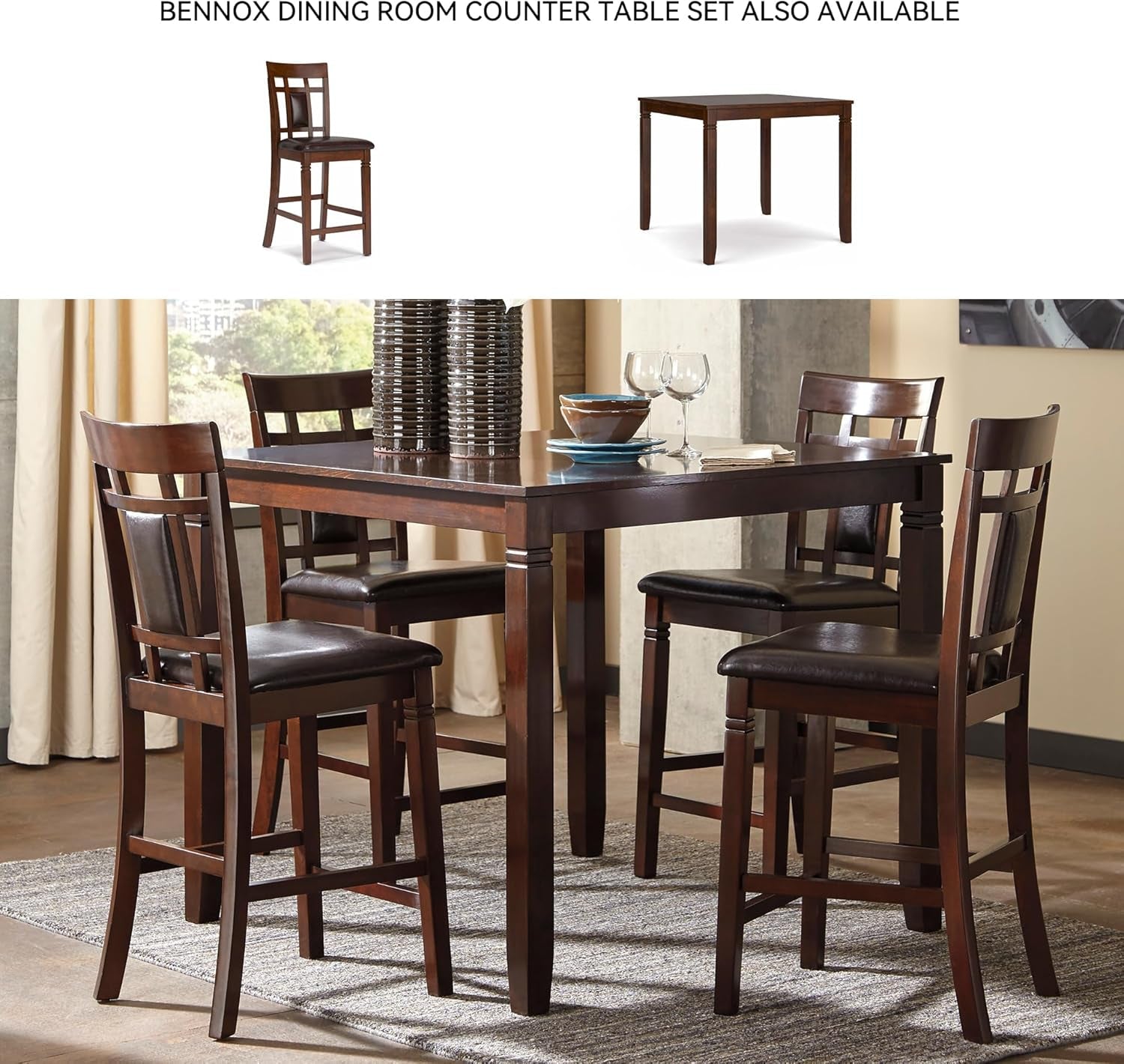 Bennox Dining Room Table and Chairs with Bench (Set of 6), Brown