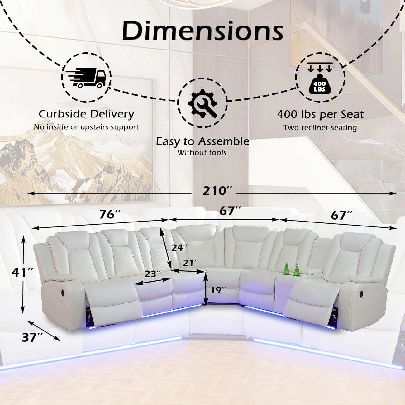 Power Recliner Sectional Sofa Set for Living Room Furniture Sets,Leather Reclining Sofa Set with LED Lights/Hidden Storage,L- Shaped Couch for Living Room/Home Theater(White,Sectional)