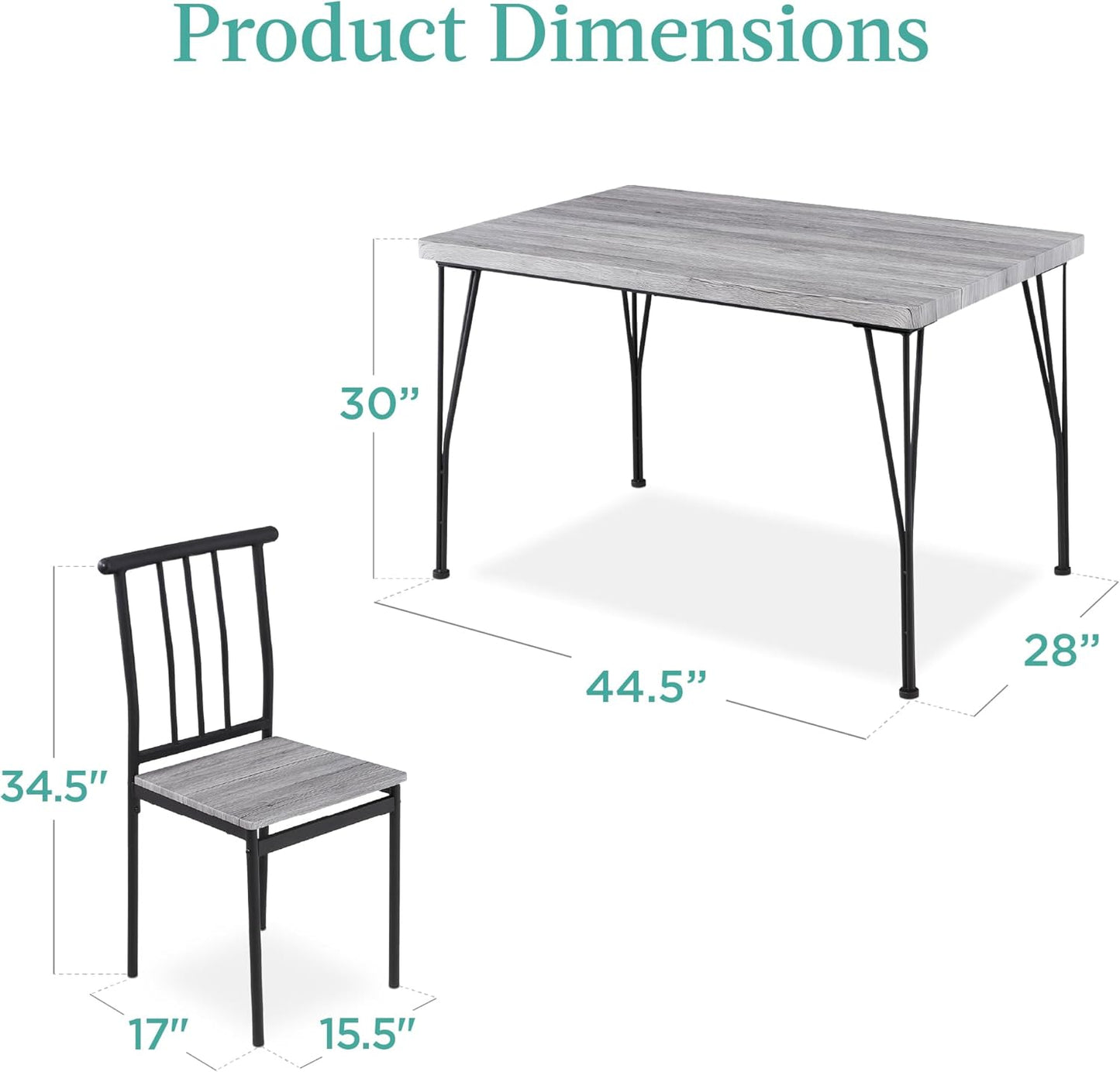 5-Piece Metal and Wood Indoor Modern Rectangular Dining Table Furniture Set for Kitchen, Dining Room, Dinette, Breakfast Nook W/ 4 Chairs - Gray