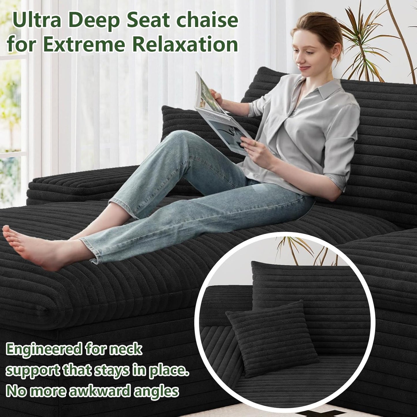 107" Cloud Couch Modular Sectional Sofa for Living Room, U-Shape Boneless Couch with Deep Seat, Modern Corduroy 3-Seater with Ottoman, No Assembly Required (Black,Left-Facing Chaise)