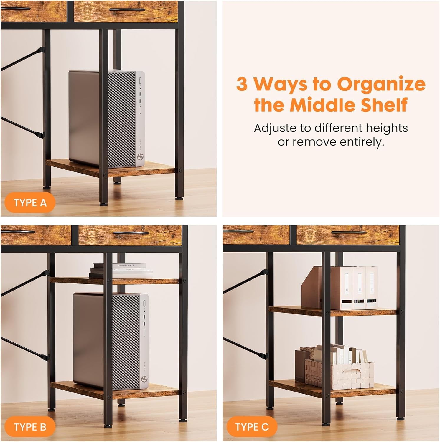 55" Computer Desk with 6 Drawers, Home Office Gaming Desks with Storage Shelves for Bedroom, Writing Study Corner Living Room Work Table Rustic Brown