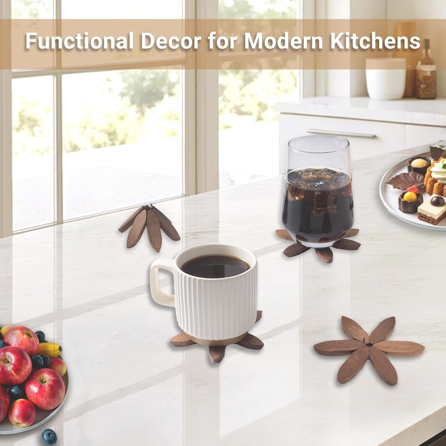 Coasters, Wooden Tree-Shaped Sapeli Wood Drink Coasters Set for Coffee Table, Kitchen Table Decor