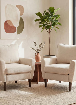 Mid-Century Upholstered Accent Chair with Pillow and Solid Wood Legs for Living Room, Bedroom, and Waiting Areas - Wide Single Modern Lounge Sofa in Beige
