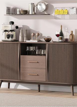 63" Fluted Sideboard Buffet Cabinet in Walnut - Mid-Century Modern Coffee Bar Station with Storage for Dining Room, Wood Accent Storage Cabinet & Credenza with Drawers for Liquor and Wine