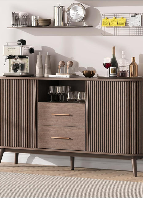 63" Fluted Sideboard Buffet Cabinet in Walnut - Mid-Century Modern Coffee Bar Station with Storage for Dining Room, Wood Accent Storage Cabinet & Credenza with Drawers for Liquor and Wine