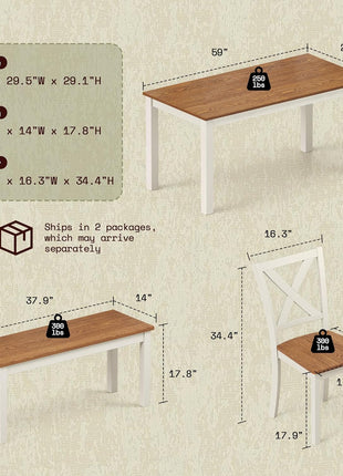 6-Piece Rustic Farmhouse Dining Set with 59" Wooden Table, 4 Chairs, and Bench in Walnut and White - Space-Saving Kitchen and Dining Room Furniture