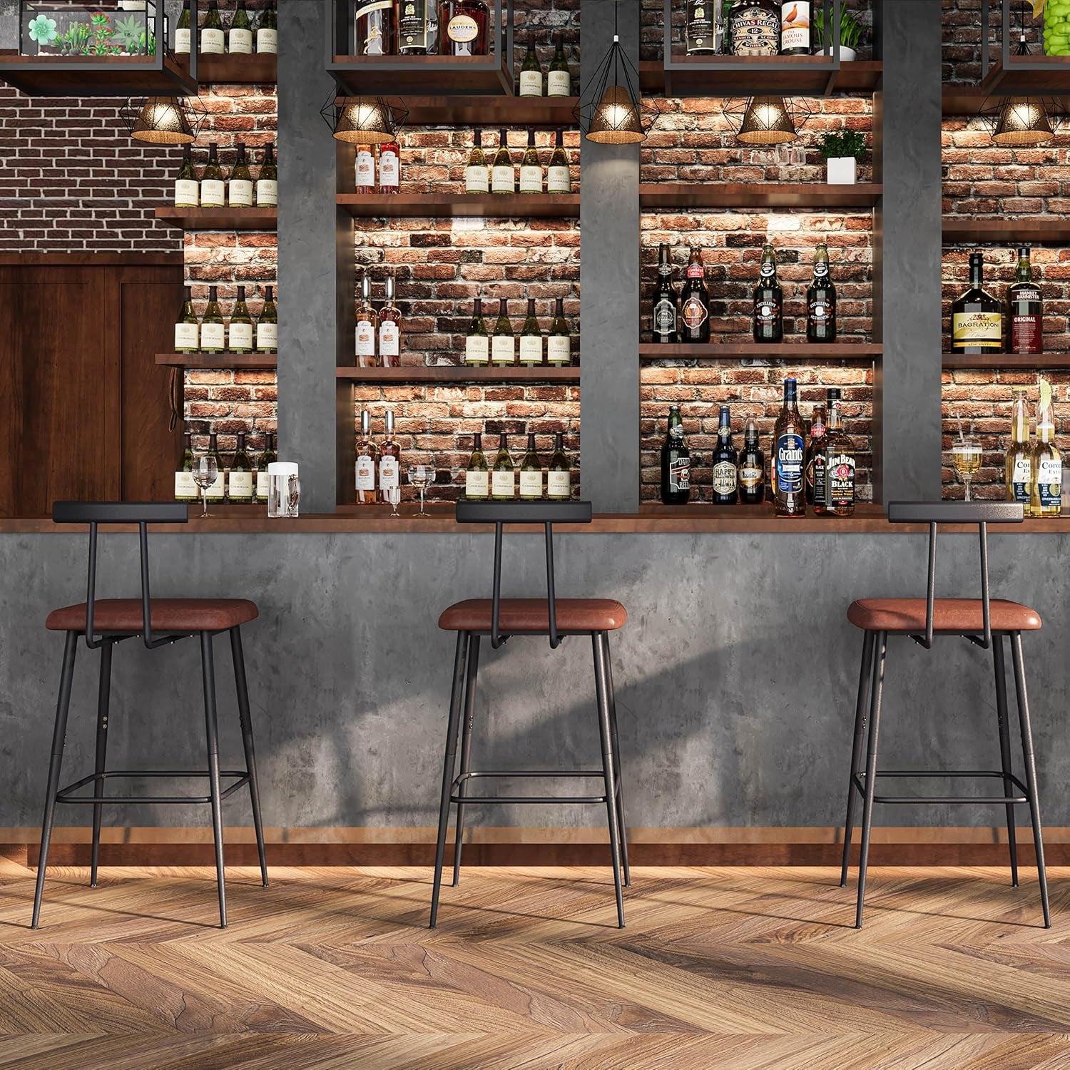 Bar Stools Set of 2, Tall Bar Stools with Backrest and Footrest, Counter Height Bar Chairs, Industrial Barstools with PU Leather Cushion, for Kitchen, Dining Room, Bar, Cafe (Rustic Brown)Kbs515R