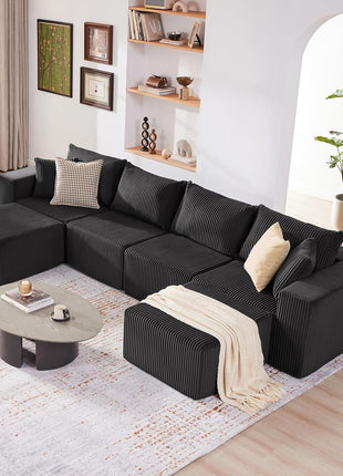 135.4" Modular Cloud Couch Sectional Sofa, Deep Seat U-Shaped Boneless Design, Plush Corduroy Convertible Couch for Living Room, Seats 6, Black