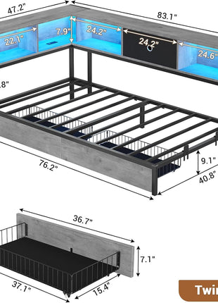 Twin Corner Bed Frame with Storage Drawers and Bookcase Headboard, Metal Platform Design with Charging Station and LED Lights, Ideal Daybed for Kids, Teens, and Guests in Oak Gray