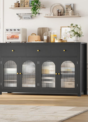 55.1" Farmhouse Buffet Cabinet with Storage Solutions, Featuring 3 Drawers and 4 Doors, Black Wood Sideboard for Kitchen and Coffee Bar