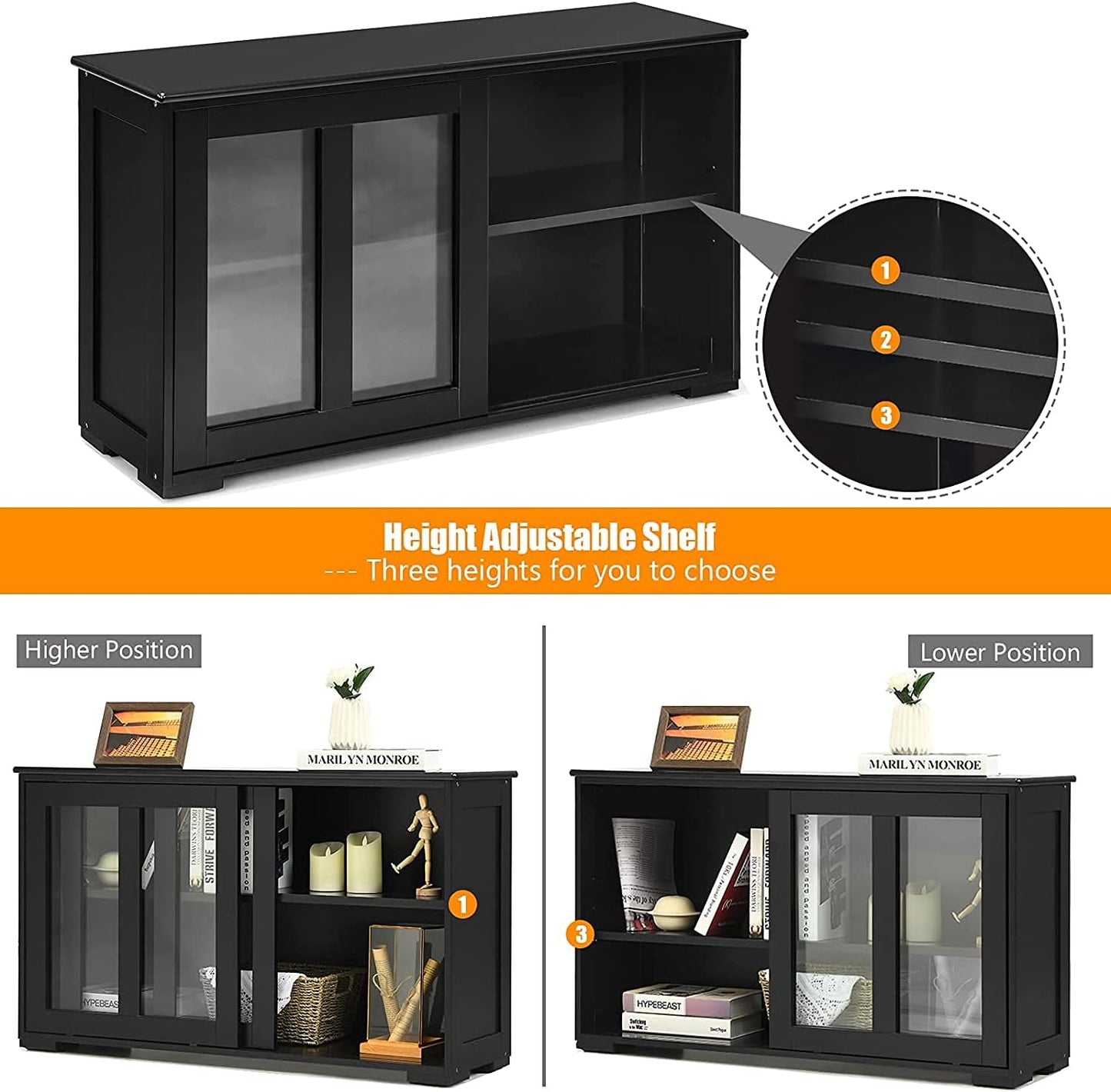 Kitchen Stackable Storage Cabinet with Height Adjustable Shelves & Glass Sliding Doors, Cupboard Server Buffet Console Sideboard, Black