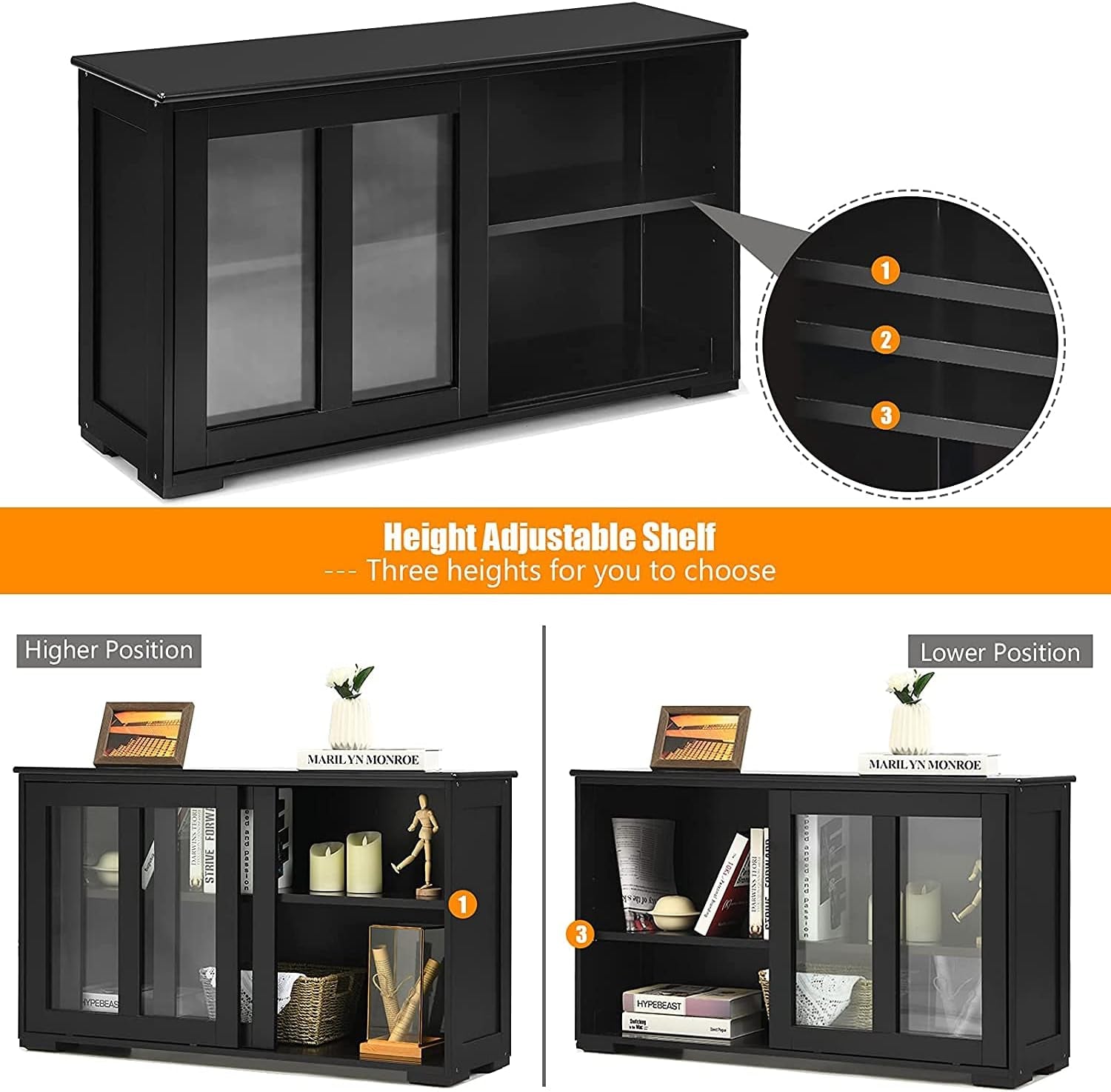 Kitchen Stackable Storage Cabinet with Height Adjustable Shelves & Glass Sliding Doors, Cupboard Server Buffet Console Sideboard, Black