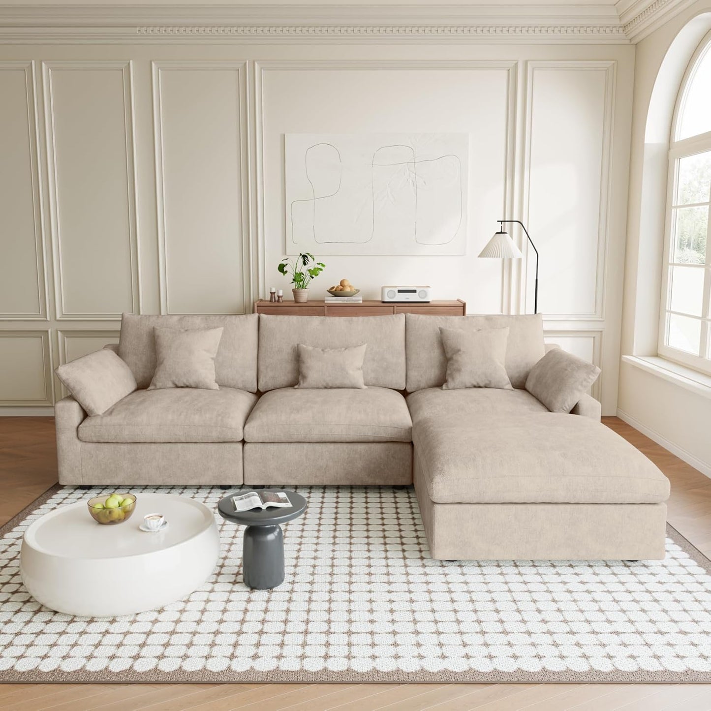 Modular Sectional Sofa Cloud Couch, 119.29" L Shaped Couch with Chaise Ottoman, Linen Blend Fabric Minimalist Deep Seat Sectional Couches for Living Room, Khaki Sofa Covers Washable&Removable