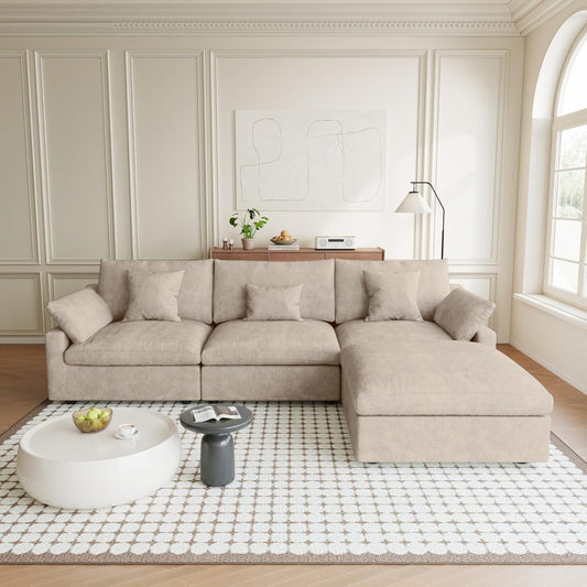 Modular Sectional Sofa Cloud Couch, 119.29" L Shaped Couch with Chaise Ottoman, Linen Blend Fabric Minimalist Deep Seat Sectional Couches for Living Room, Khaki Sofa Covers Washable&Removable