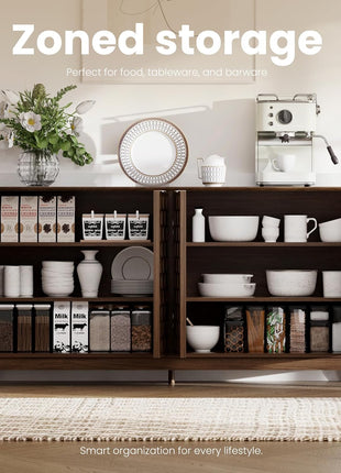 Mid-Century Modern Fluted Sideboard Cabinet - Solid Wood Buffet with Adjustable Shelves, Walnut Finish, and Black Accents for Dining Room Storage