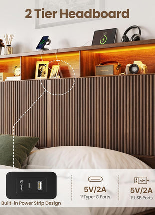 King Size Bed Frame with Headboard and Dual Storage Drawers, LED Lighting and Charging Port, Farmhouse Wavy Design, Wood and Metal Platform, Noise-Free, No Box Spring Required, Walnut Finish