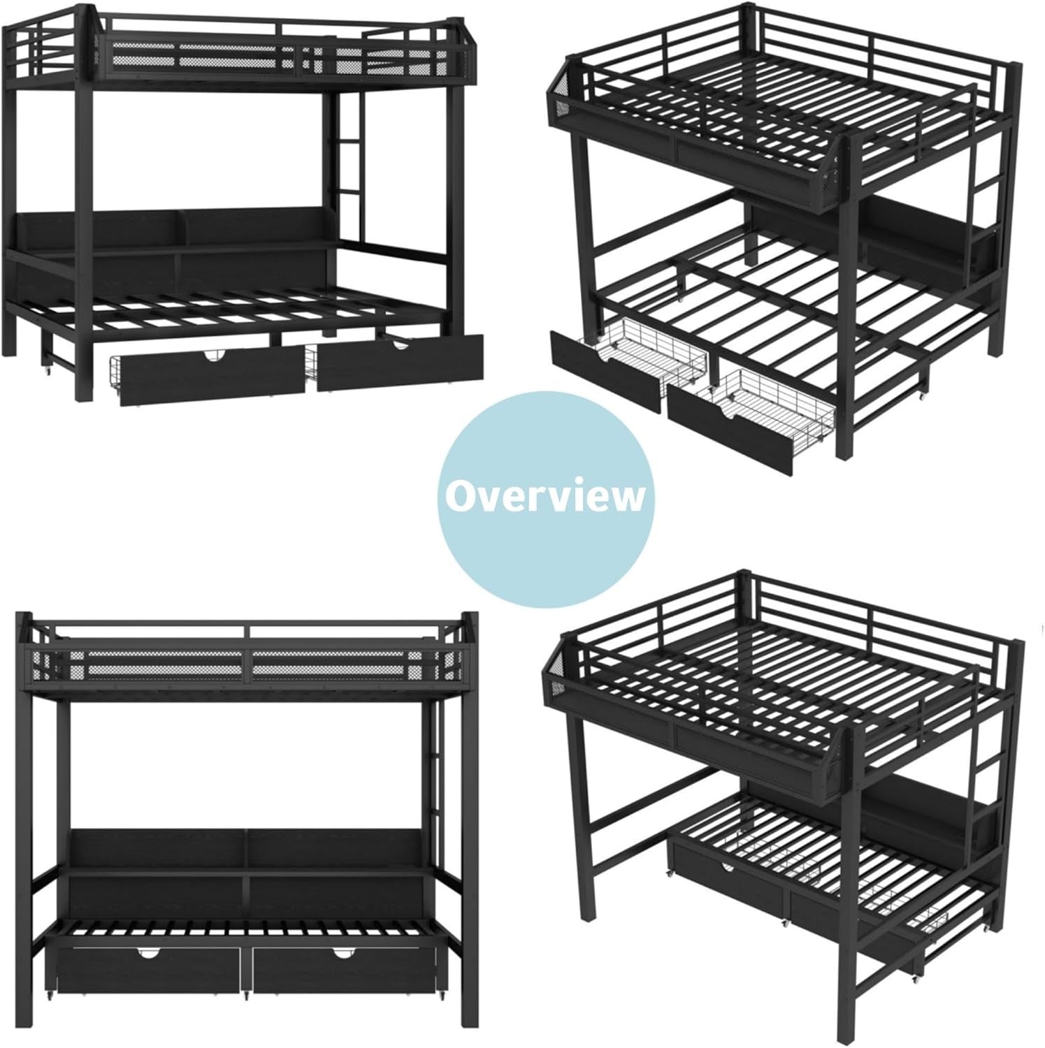 Full over Full Bunk Bed with Storage Shelves and Drawers, Metal Bunk Beds with Lights and USB Ports, Lower Bunkbed Can Be Converted, for Guest Room, Bedroom, Dorms, Muti-Function and Noise-Free, Black