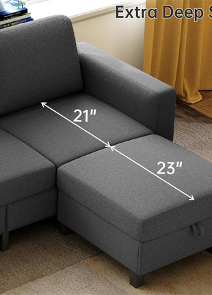 78-Inch Dark Grey Convertible L-Shaped Sectional Sofa with Storage Ottoman in Pet-Friendly Linen Fabric, Perfect for Small Spaces and Apartments