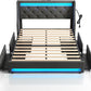 Full Bed Frame with LED Lights and Charging Station, Upholstered Bed with Drawers, Wooden Slats, Noise Free, Easy Assembly, Dark Gray