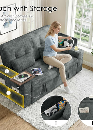 Versatile 65-Inch Chenille Sleeper Sofa Bed - Stylish Convertible Loveseat with Adjustable Backrest, Integrated Side Table, Built-In Charging Port, Cup Holder, and Hidden Storage in Dark Grey
