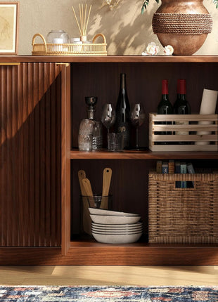 67-Inch Fluted Walnut Buffet Cabinet Sideboard with Ample Storage, Mid-Century Modern Credenza Featuring Six Doors for Kitchen and Living Room (67" W x 31.5" H x 15.7" D)
