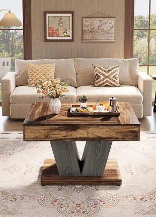 Contemporary Square Coffee Table with Wooden Center, 31.5" Rustic Brown and Black Accent Table for Living Room