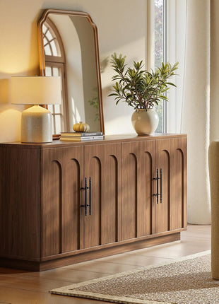 67" Arched Walnut Buffet Cabinet with Storage - Large Mid-Century Modern Credenza with 4 Doors for Kitchen and Living Room (67" x 31.5" x 15.7")
