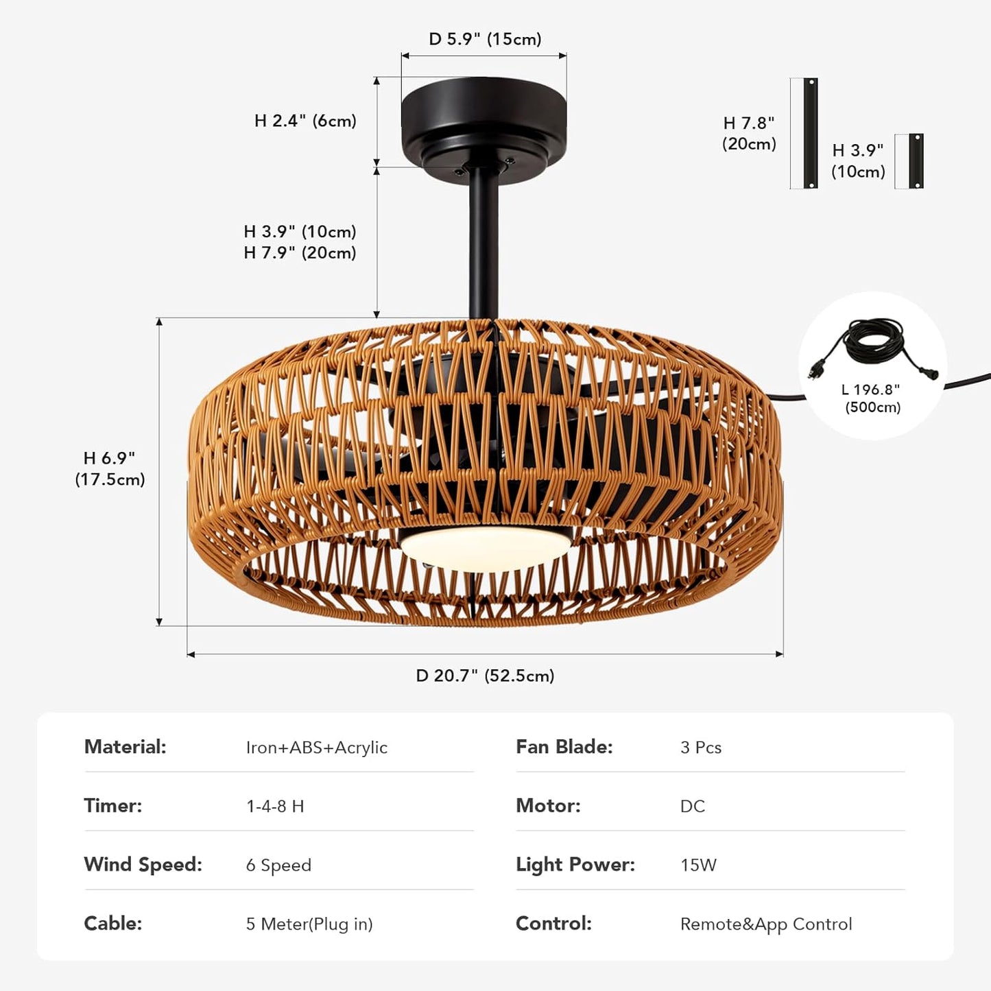 20" Outdoor Ceiling Fans with Lights for Patios, Waterproof Plug in Ceiling Fan with Remote, 3CCT Dimmable, Reversible, Gazebo Fan with Hanging Hook for Canopy,Pergola,Porch