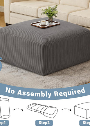 40-Inch Oversized Square Corduroy Ottoman Pouf - Foam-Filled Plush Footrest for Living Room and Bedroom, Grey (Single)