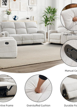 Reclining Sofa Set in Soft Fabric: Overstuffed Loveseat and 3-Seater Couch for Living and Meeting Rooms