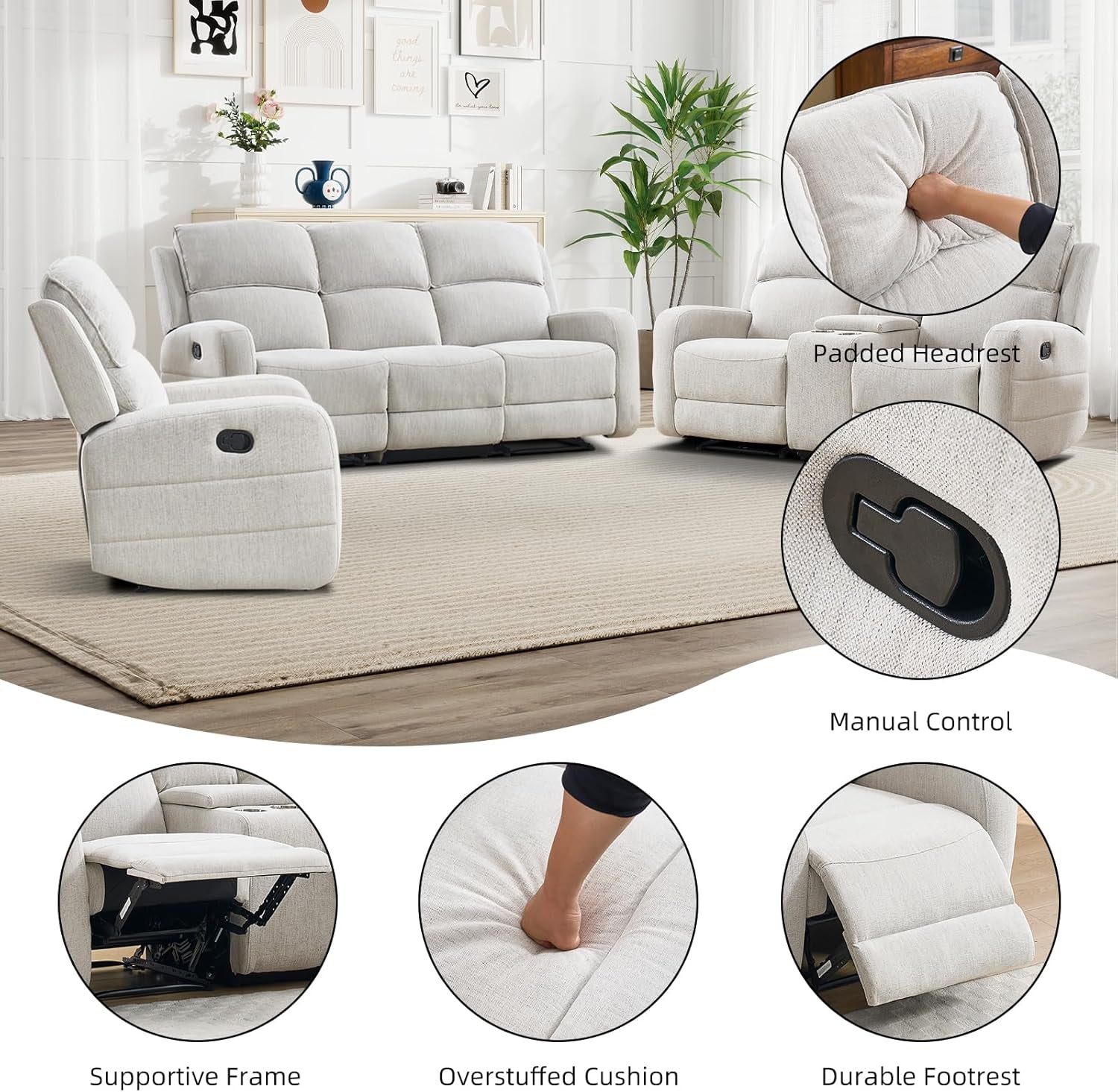 Manual Living Room Furniture Reclining Couch Set, Soft Fabric 3 Seat Sofa Recliner Sofa for Meeting Room, Overstuffed Backrest and Armrest