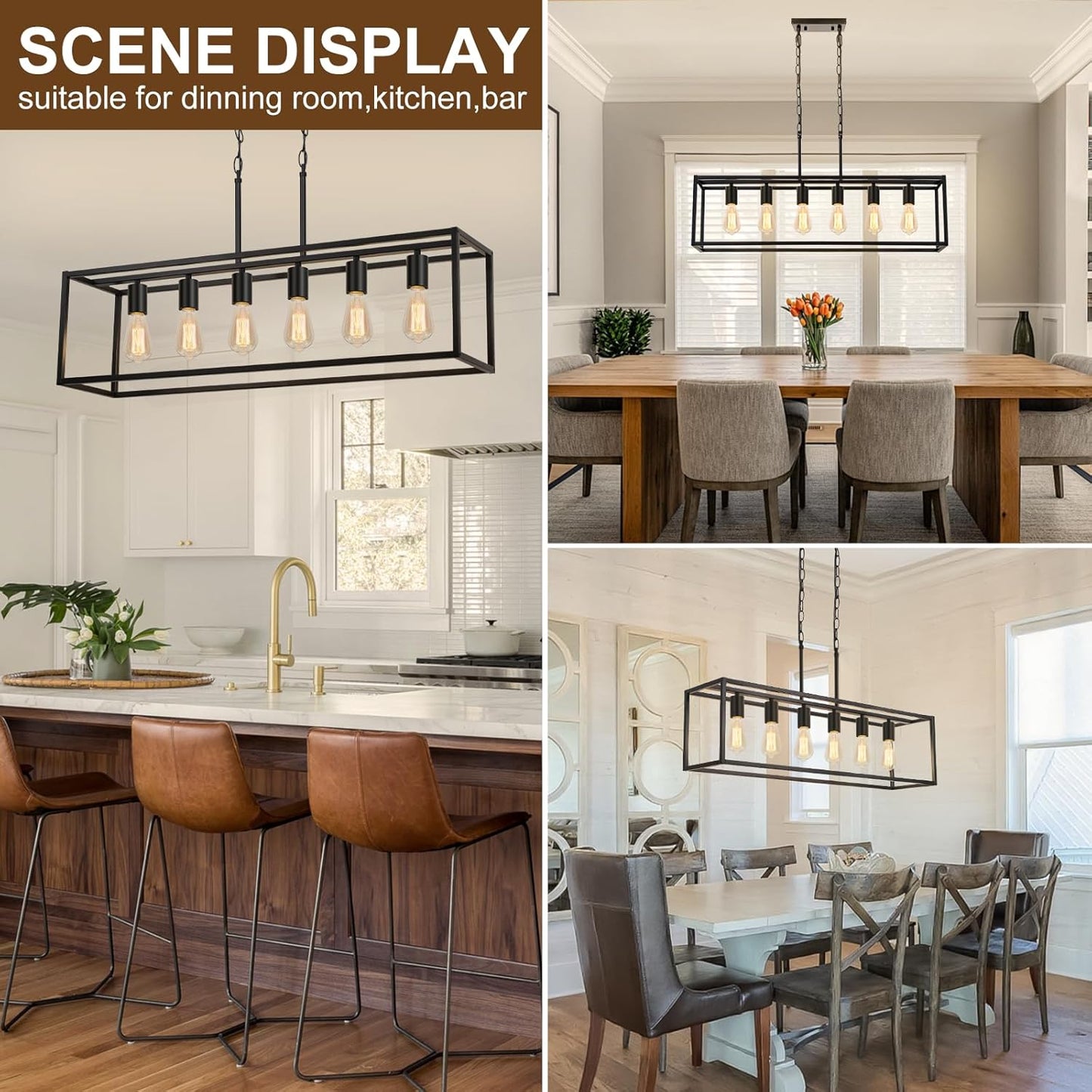6 Light Black Chandeliers for Dining Room, Adjustable Height Linear Chandelier Kitchen Light Fixture, Modern Farmhouse Chandelier Rectangle Island Light for Kitchen Hanging Light Fixtures