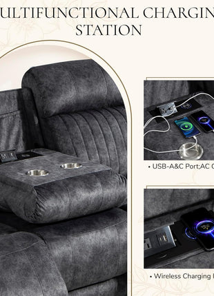 Power Reclining Sofa with Zero Gravity Feature, Adjustable Headrest, Electric Reclining Mechanism, Wireless Charging, and Outlets - Grey 3-Seater Loveseat for Living Room
