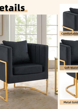 Set of 2 Modern Velvet Accent Chairs, Upholstered Mid-Century Barrel Armchairs with Cushions for Living Room, Comfortable Vanity Chairs with Gold Metal Legs for Bedroom, Black