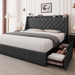 Queen Bed Frame with 4 Storage Drawers, Upholstered Storage Bed with Charging Station, Tufted Wingback Headboard, No Box Spring Needed, Dark Grey