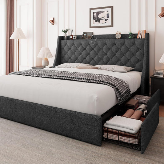 Queen Bed Frame with 4 Storage Drawers, Upholstered Storage Bed with Charging Station, Tufted Wingback Headboard, No Box Spring Needed, Dark Grey